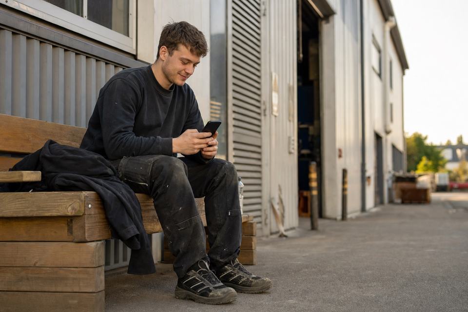 Gewerblicher Mitarbeiter bewirbt sich in der Pause am Smartphone